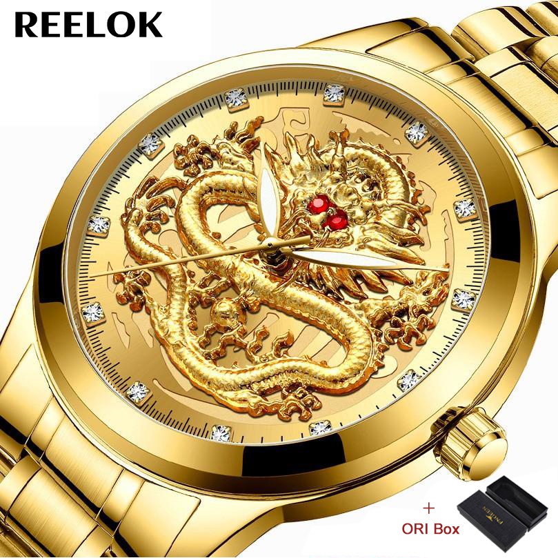 Original FNGEEN S336 Jam Tangan Pria Naga Emas Luxury Stainless Steel Quartz Original Anti Air