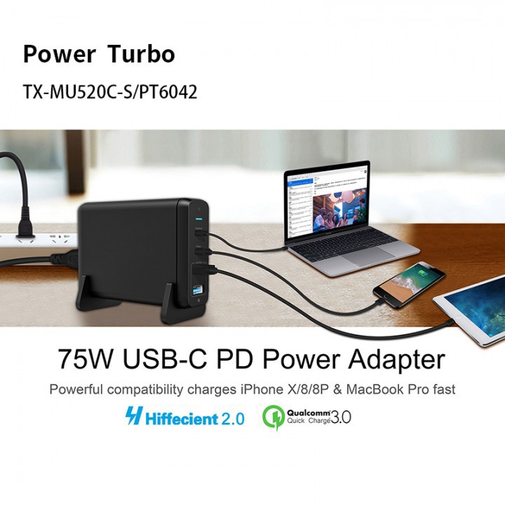 WIWU POWER TURBO TX-MU520C-A - 1 PD and 2 USB Charger QC3.0 - 65W MAX