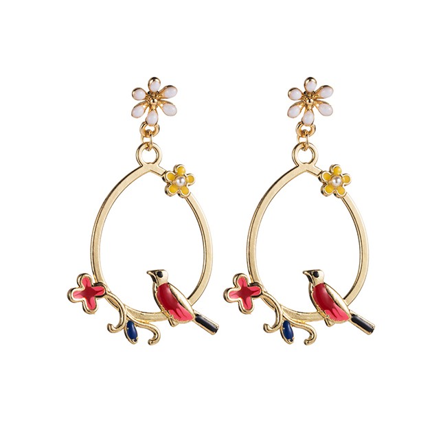 LRC Anting Tusuk Fashion Gold Color Alloy Drop Oil Floral Bird Earrings Alloy D08740