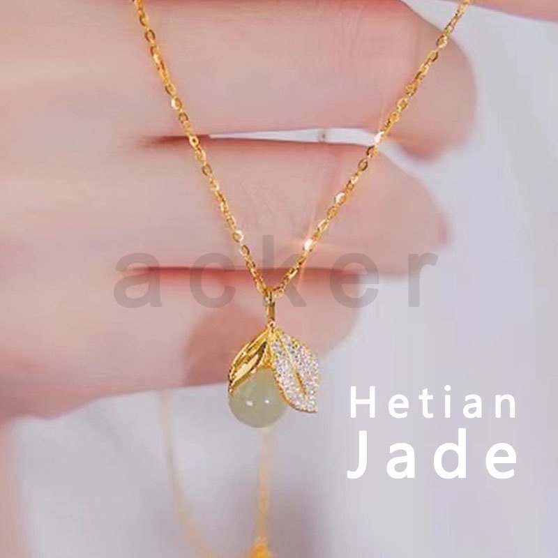 Kalung Liontin Daun Platinum Giok Hetian Natural Untuk Wanita