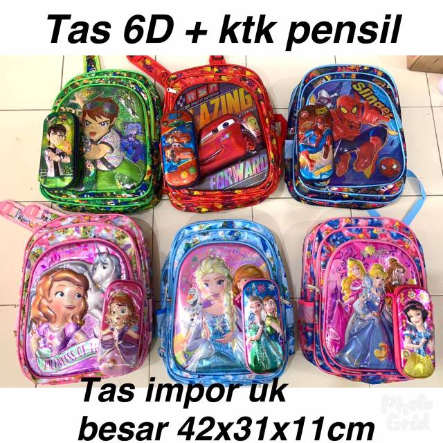 (lolipop) Tas Sekolah Anak Karakter 6D Ukuran Besar / Tas Ben10 / Tas Cars / Tas Spiderman / Tas Sofia / Tas Frozen / Tas Princes