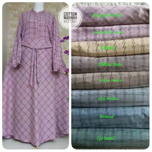 DRESS GAMIS KATUN MADINAH KOTAK KOTAK TANPA LECEK /SERAGAM BUAT LEBARAN