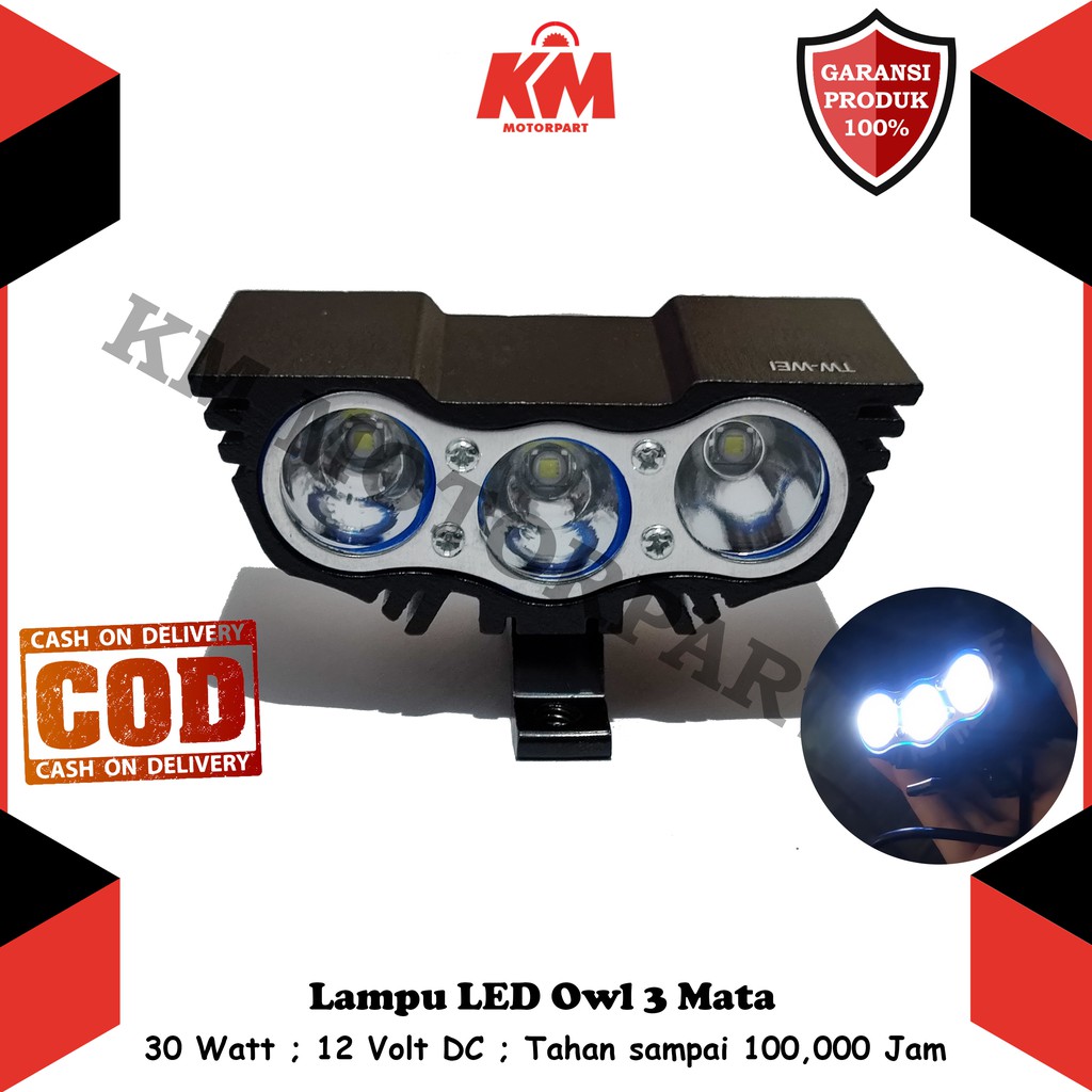 Lampu Tebak Sorot LED OWL 3 Mata 30 Watt 12 Volt Cree Nyala Putih Terang