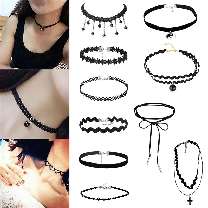 [Bayar Di Tempat]Kalung Bahan Bahan Velvet Warna Hitam Hiasan Renda Bergaya Vintage Punk Gothic