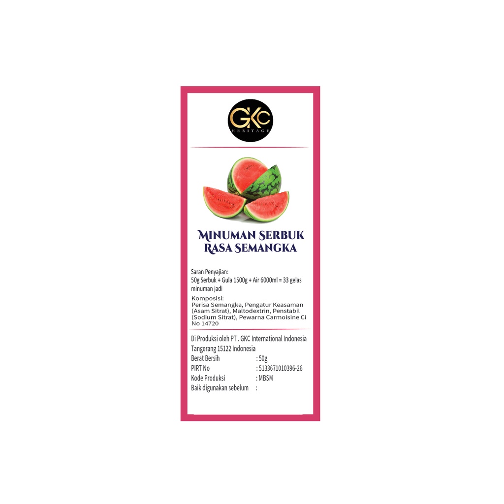 Bubuk Sirup Semangka / Watermelon Powder Syrup Serbuk Minuman Powder Drink GKC Heritage 50 gram