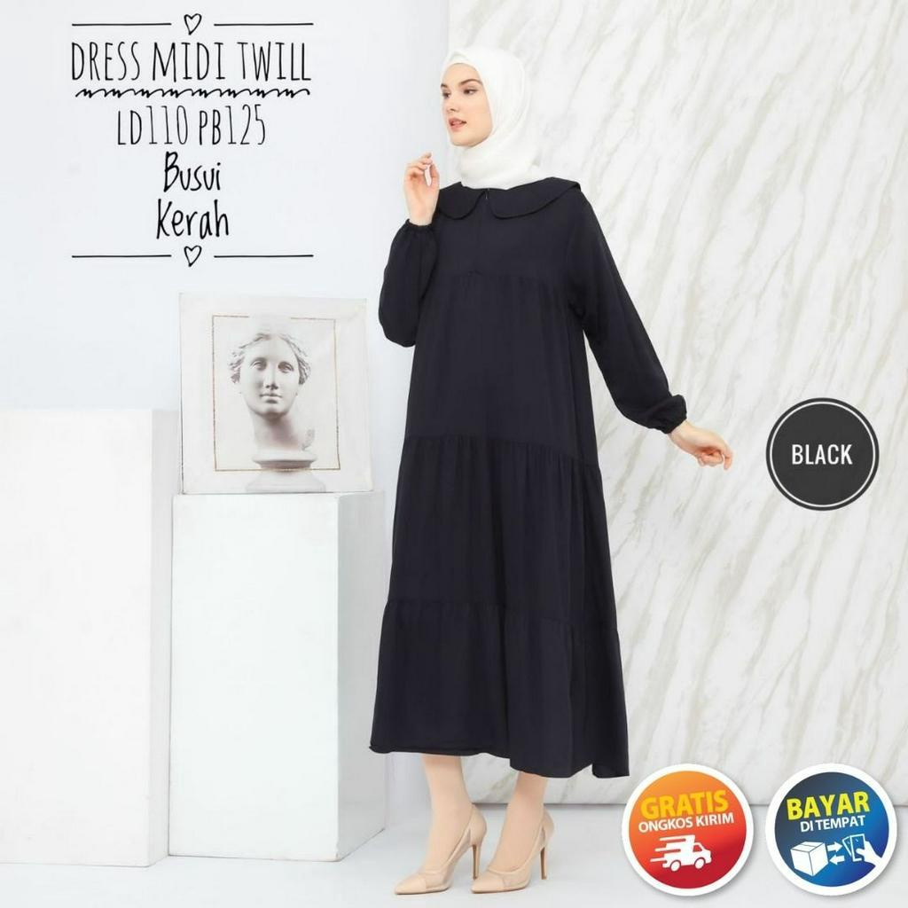 Baju Daster Midi Dress Lengan Panjang Motif Polos Busui Friendly Twill Ori Pekalongan Kekinian Moder
