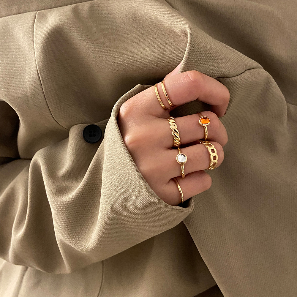 6pcs / Set Cincin Emas Adjustable Hias Batu Akik Gaya Retro