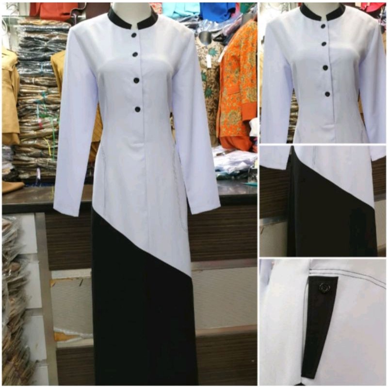 gamis hitam putih / gamis kerja / gamis hipu / gamis pns hitam putih /seragam gamis kantor