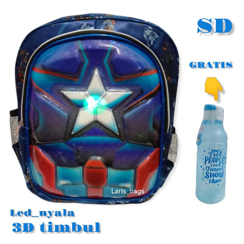 Tas sekolah anak cavten Amerika LED SD/Tas ransel cavten Amerika LED SD/Tas anak karakter laki laki/Tas anak karakter cavten Amerika/Tas anak murah/Tas anak/Ransel anak/Tas ransel anak murah/Tas ransel capten Amerika/Tas capten Amerika LED SD