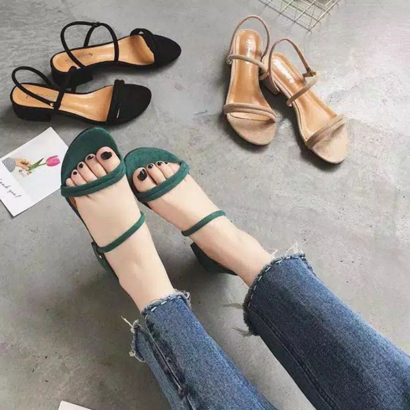 sandal hak tahu wanita pendek 3cm santai