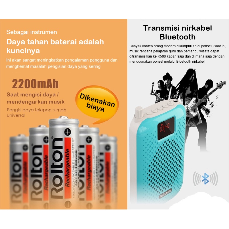 ⚡Bisa Buletooth⚡Rolton K500 Penguat Suara 5W 2200mAh Multifungsi Speaker Suara Pribadi Portabel dengan Tampilan Mikrofon untuk Pidato Guru