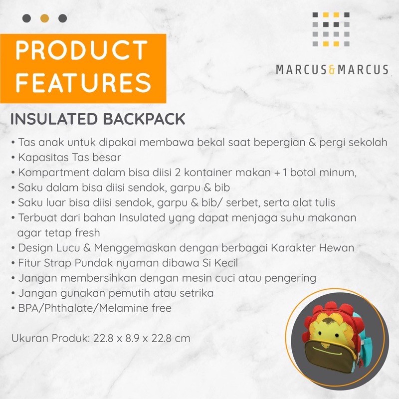Marcus and Marcus Insulated Lunch Bag/Tas anak