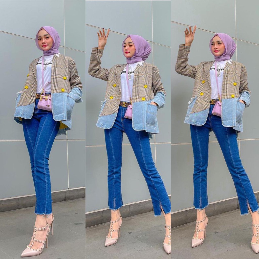 BLAZER KATUN KOTAK MIX JEANS // ZR BLAZER IMPORT (BANYAK MOTIF)