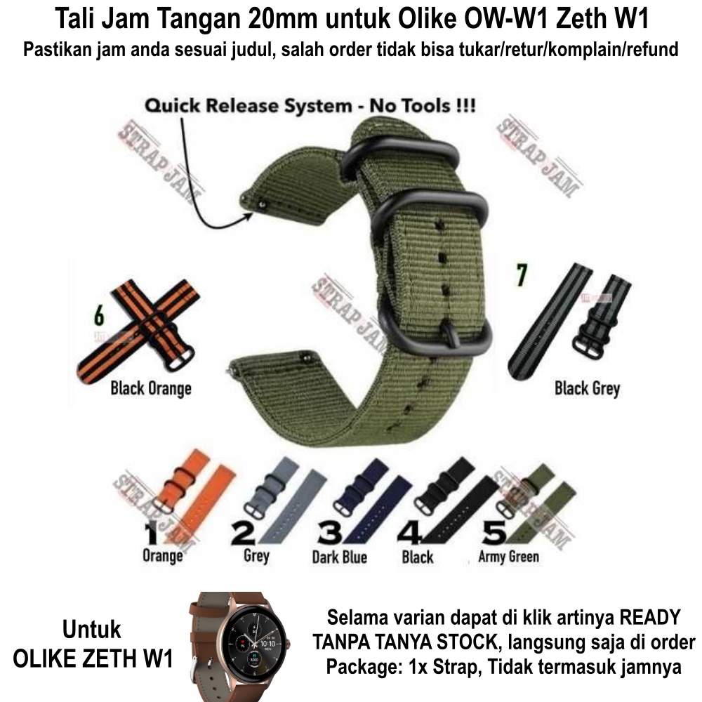 STITCHING Tali Jam Olike OW-W1 ZETH W1 Smartwatch - Strap 20mm Nylon Kanvas Dengan 3 Buckle Hitam