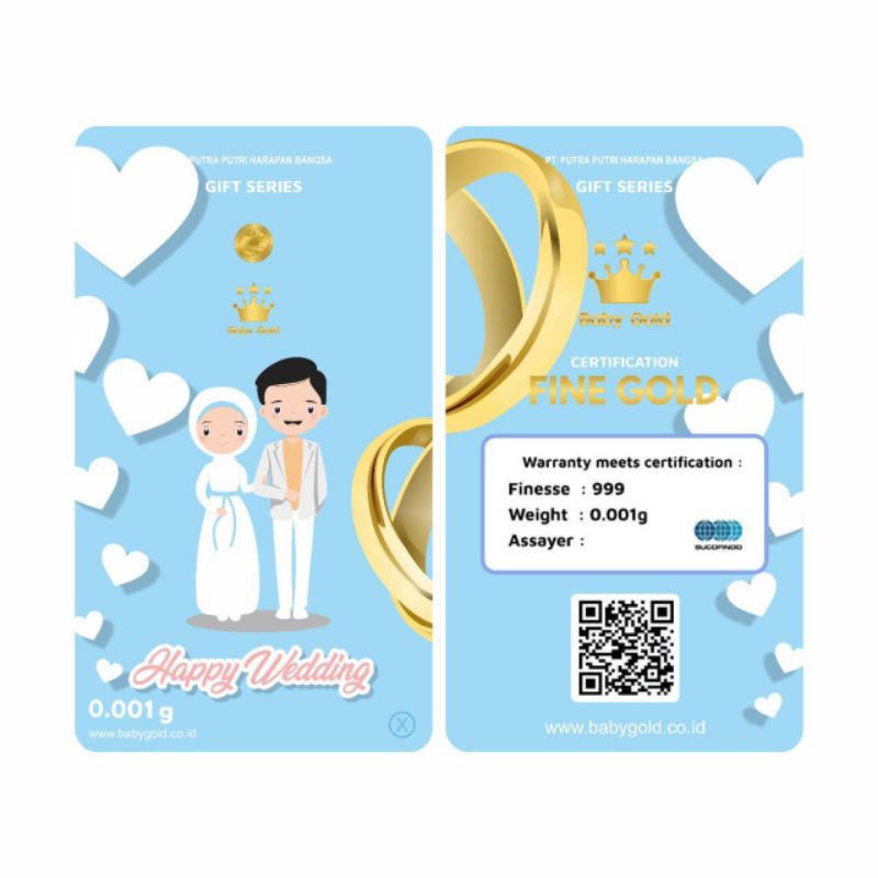 BABY GOLD HAPPY WEDDING SERIES 0.001 gram / 0.002 gram / 0.005 gram . Logam Mulia 24K. Emas Mini. Souvenir Gift