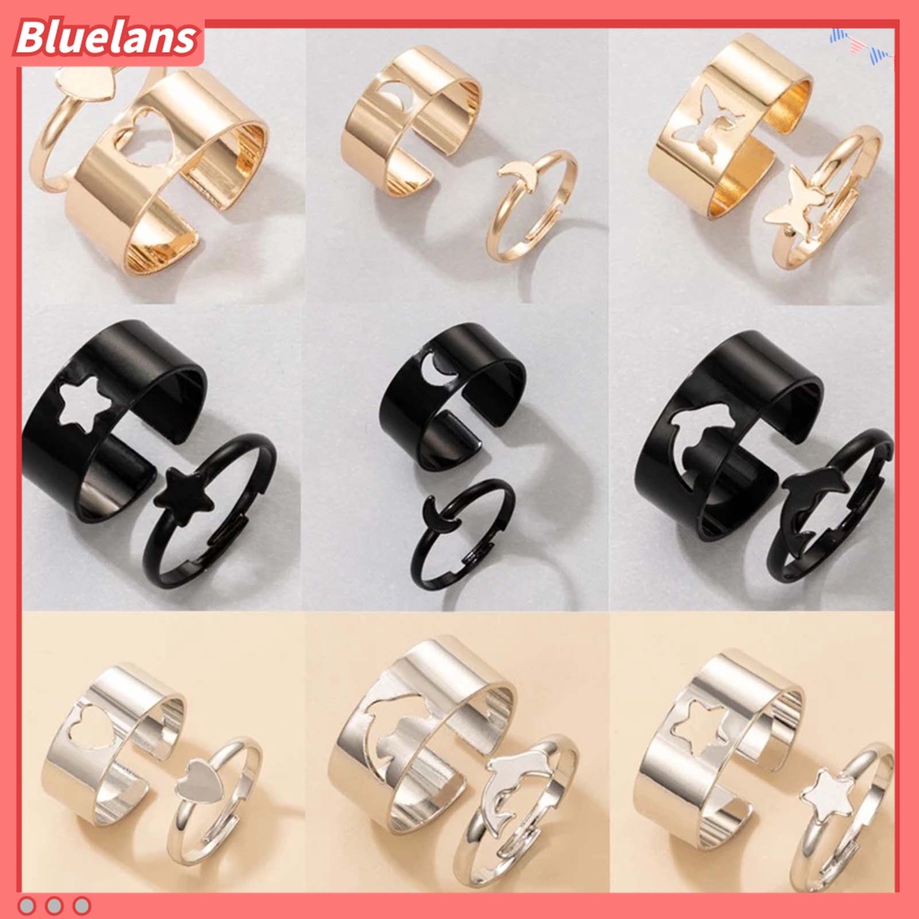 2pcs / Set Cincin Model Terbuka Dapat Disesuaikan Bentuk Hati Bulan Bintang Lumba-Lumba Untuk Pasangan