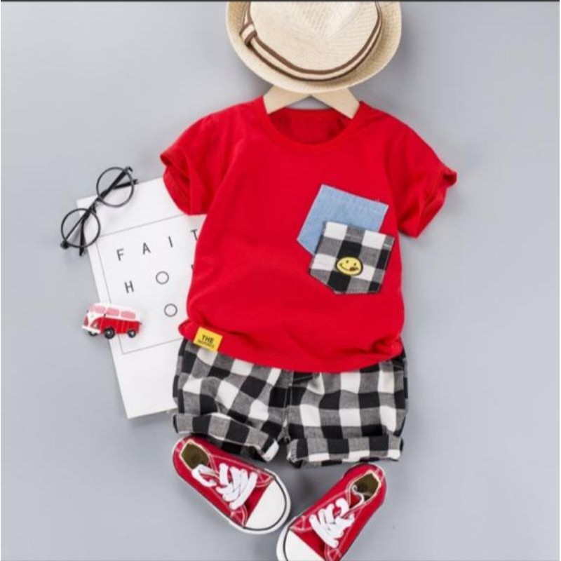 Mamamoli Baju setelan kaos anak laki laki / bayi / baby import/impor lucu poket  smile mm25