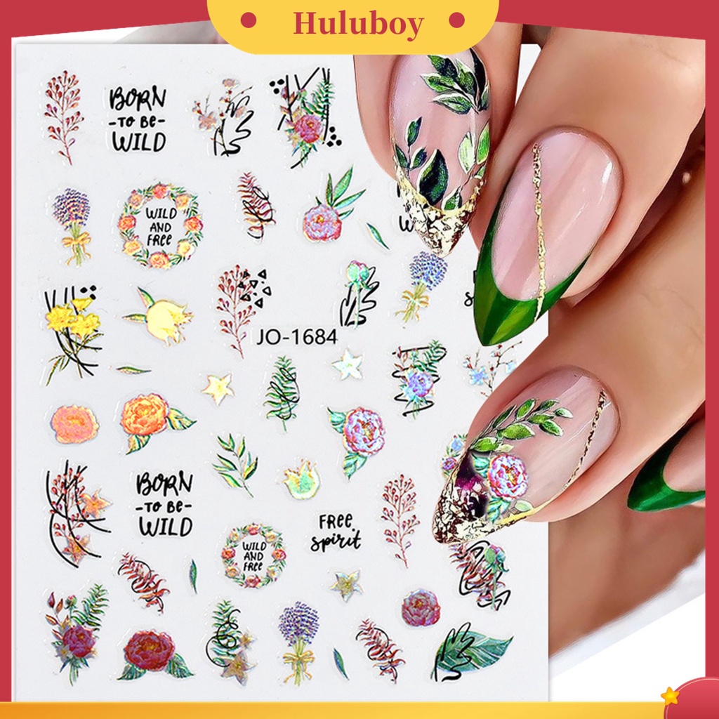 Huluboy Huluboy♡ Stiker Kuku Motif Bunga Sparkling Tahan Air Dengan Perekat Untuk Nail Art