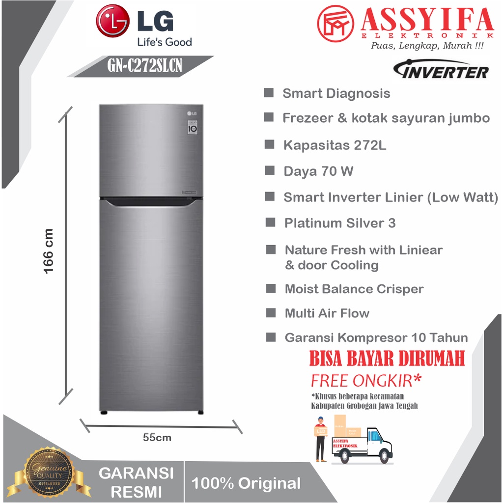 Jual KULKAS LG 2 GNG272SLCB SMART INVERTER BARU GARANSI RESMI LOW WATT