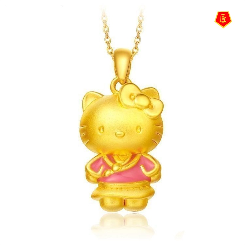 Kalung Rantai Dengan Liontin Kucing Komik 3d Warna Emas Untuk Wanita