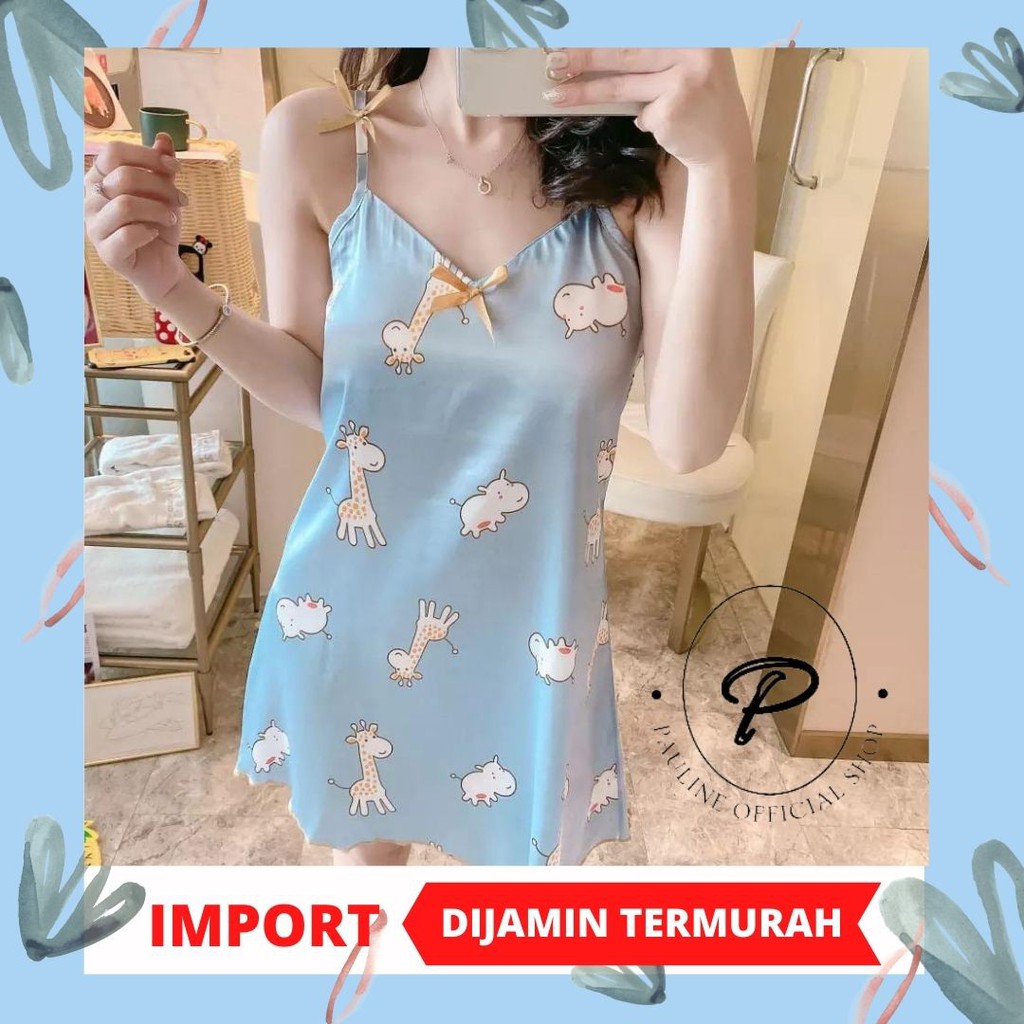 PAULINE || DRESS PIYAMA SATIN / BAJU TIDUR PIYAMA SATIN IMPORT MOTIF KARTUN FIT TO 2XL PL-004