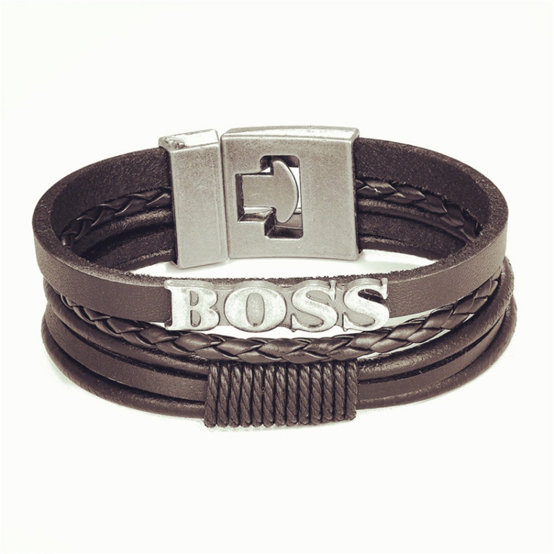 Gelang Multilayer Bahan Kulit Motif Tulisan Boss Gaya Retro Untuk Pria