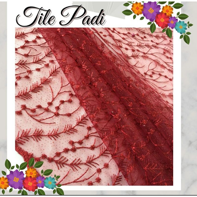 Kain Brukat Tile Mutiara Padi Warna Merah Maroon