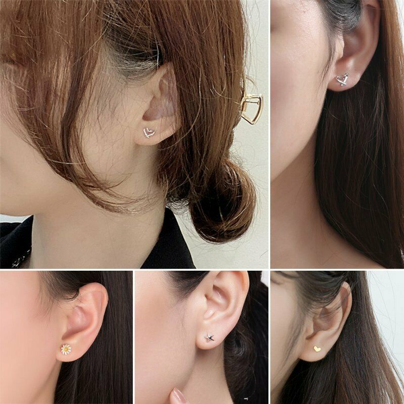 925 Silver Zircon Pearl Women Heart Flower Mini Earrings Ear Stud Jewelry Gifts