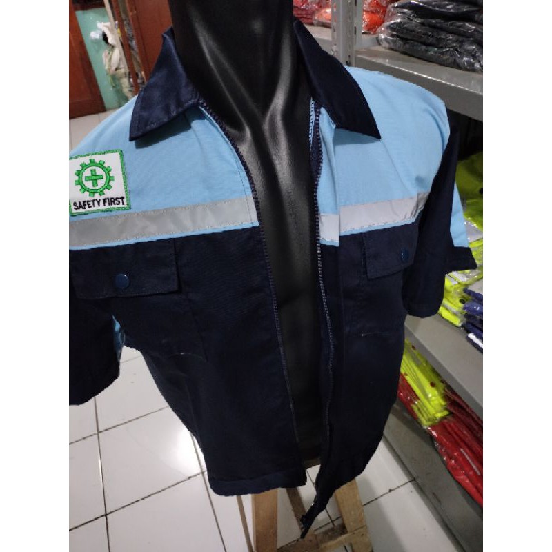 BAJU SAFETY RESLETING LENGAN PENDEK BIRU MUDA KOMBINASI DONGKER FREE LOGO K3 BENDERA KAIN PREMIUM