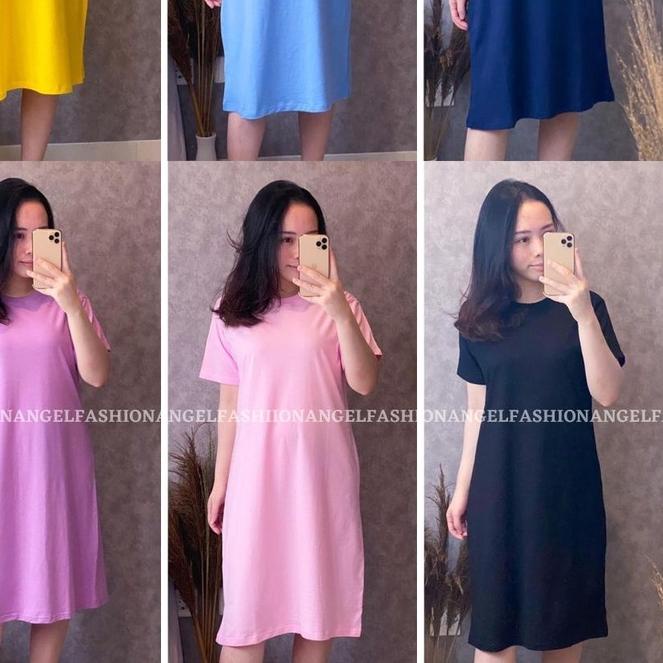 Dress Wanita Polos Midi Model Dress Wanita Korea Lengan Pendek Ukuran Selutut