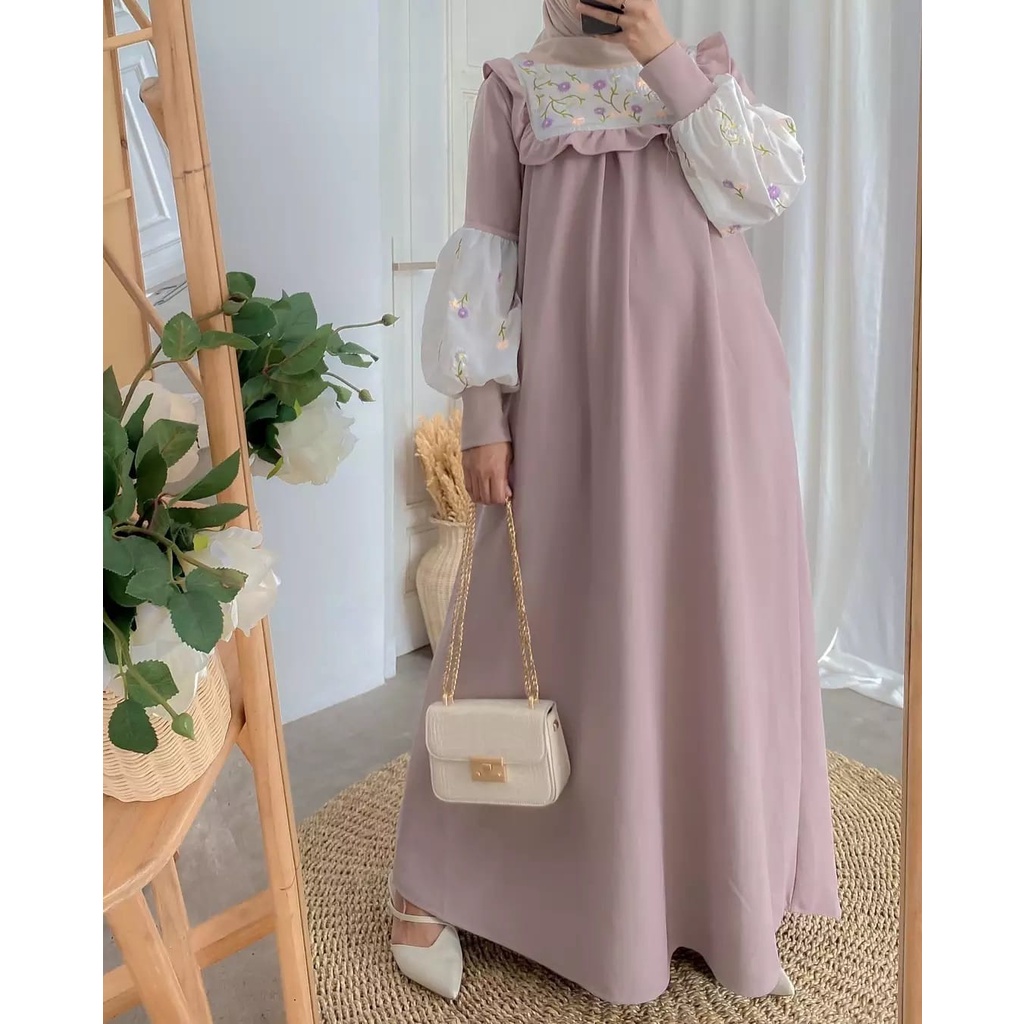 Zanara Dress / Gamis Wanita Terbaru 2021 / Gamis Moscrepe Lengan Balon Kekinian / Baju Muslim Termurah