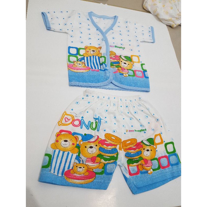 Setelan Pendek Bayi Newborn Baju pendek + celana Pendek Motif sablon Bahan TC Katun