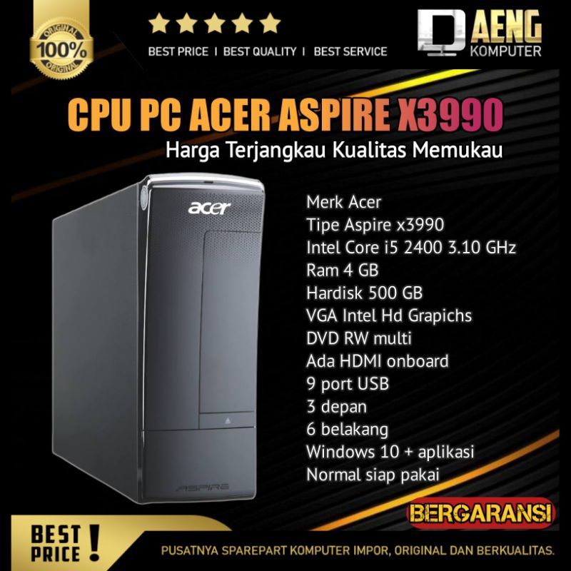 Cpu Pc Komputer Computer Pc Acer Aspire X3990 Intel Core i5 2400 3.10 GHz Ram 4 GB HDD 500 GB VGA In