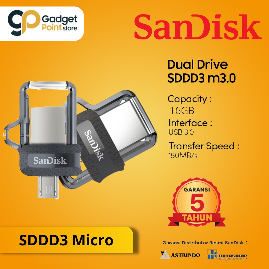 Flashdisk 16 GB | Dual Drive  OTG Micro USB Sandisk Dual Drive SDDD3 16GB - Garansi 5 Tahun