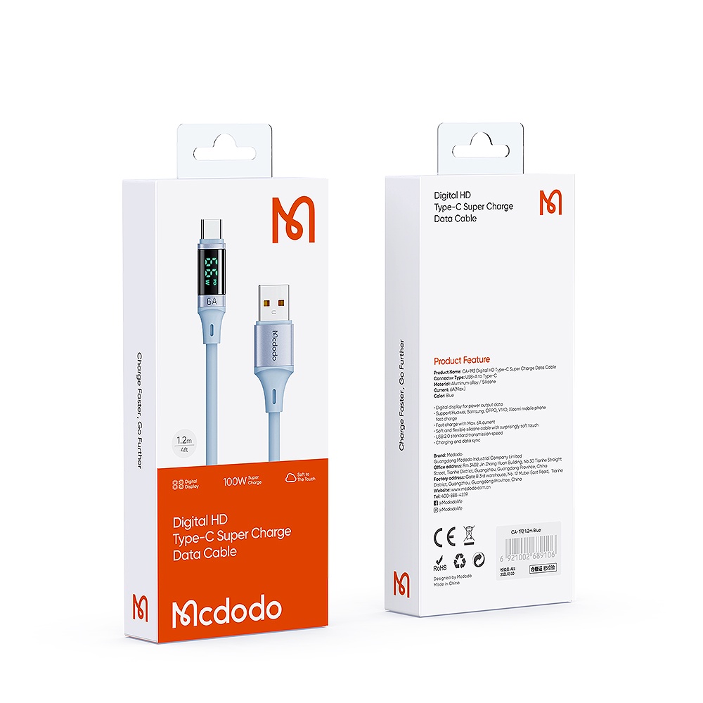 MCDODO CA-192 Kabel Data USB Type C 6A Dgital Display Cable Silicone Gel 66W - 1.2m