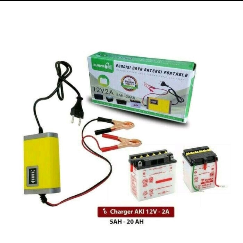 CHARGER AKI SUNPRO PENGISI DAYA BATERAI PORTABLE 12V 2A 5AH -20AH.Charger Aki Motor/Mobil