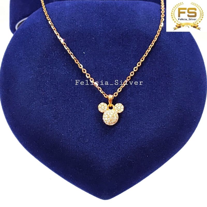 KALUNG ANAK PERAK ASLI SILVER WANITA 925 LAPIS EMAS MODEL LIONTIN MICKEY PERMATA FULL - PERHIASAN PE