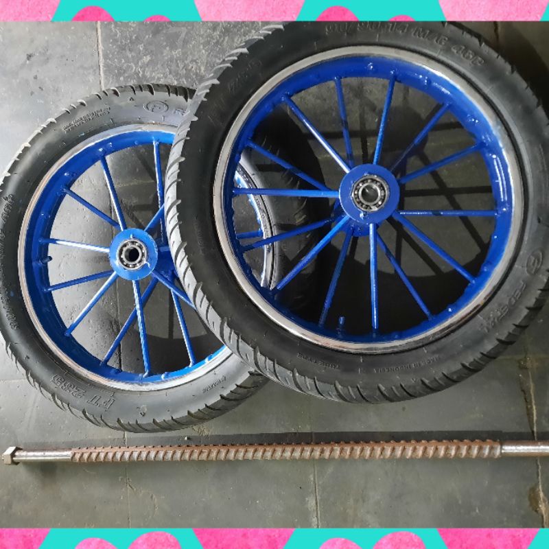 Roda Gerobak Ring 14/17 Ruji Polos Lengkap As Panjang