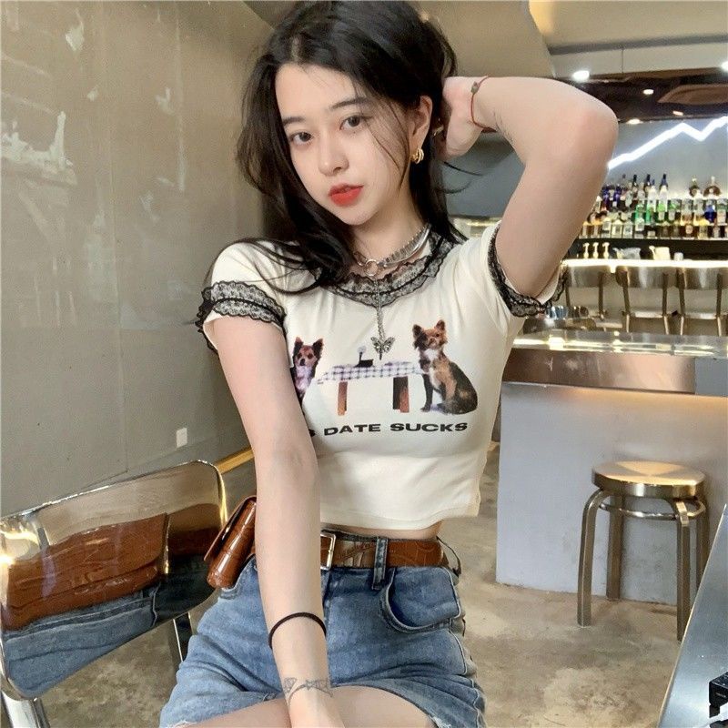 atasan renda import skinny lace atasan cropped navel print atasan lengan pendek wanita Hyuna Port