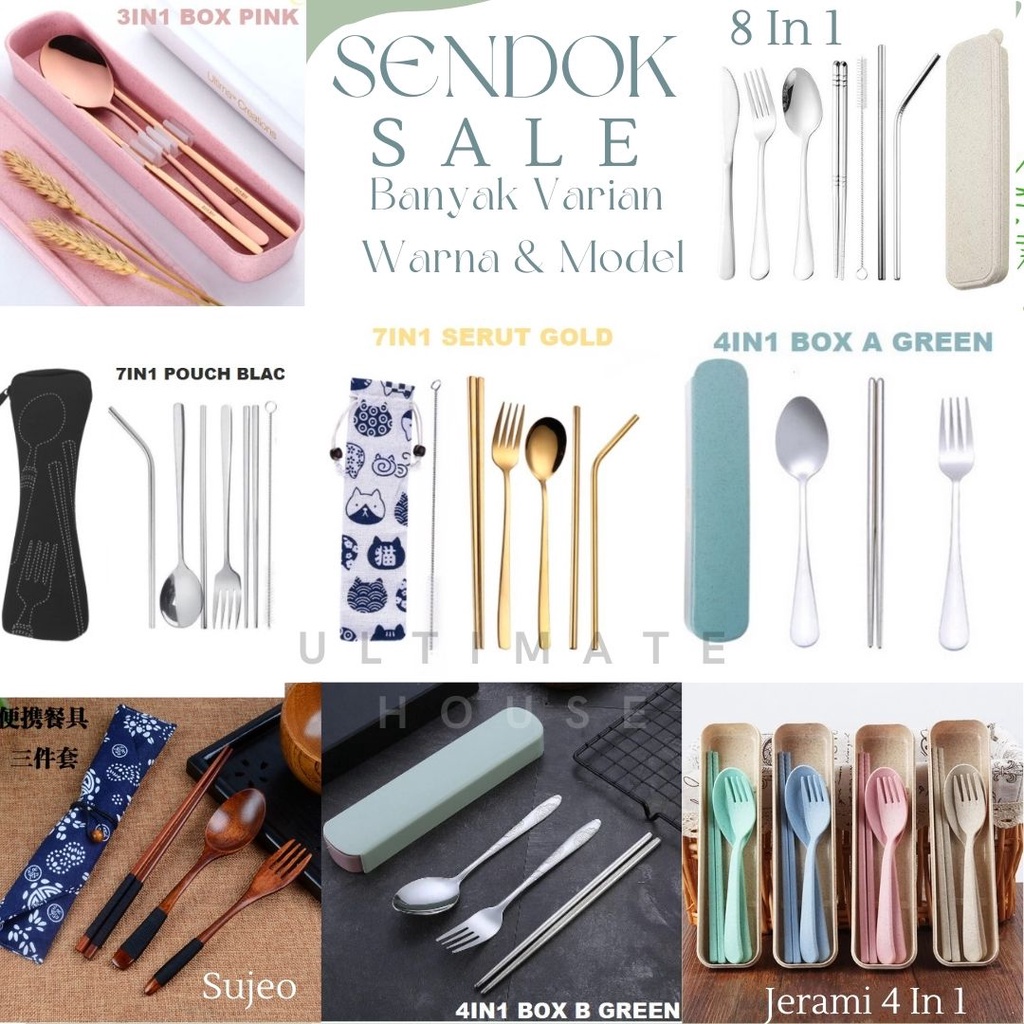 Paket Sendok Sujeo Garpu Sumpit Sedotan Pisau Stainless Warna Alat Makan Cutlery Set Travel Box