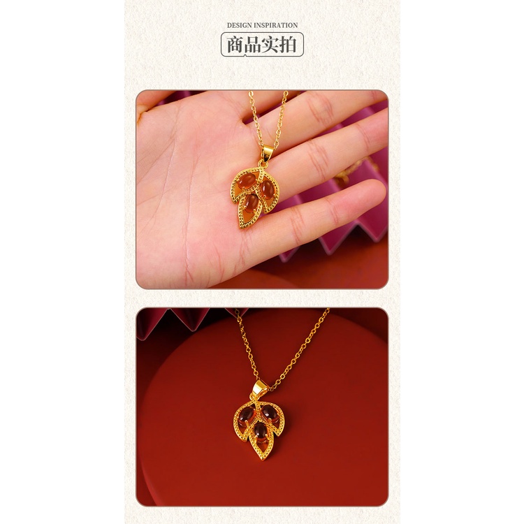 Kalung Emas Emas Asli Kadar 375 Hias Liontin Daun Maple Tiga Daun Merah Untuk Wanita