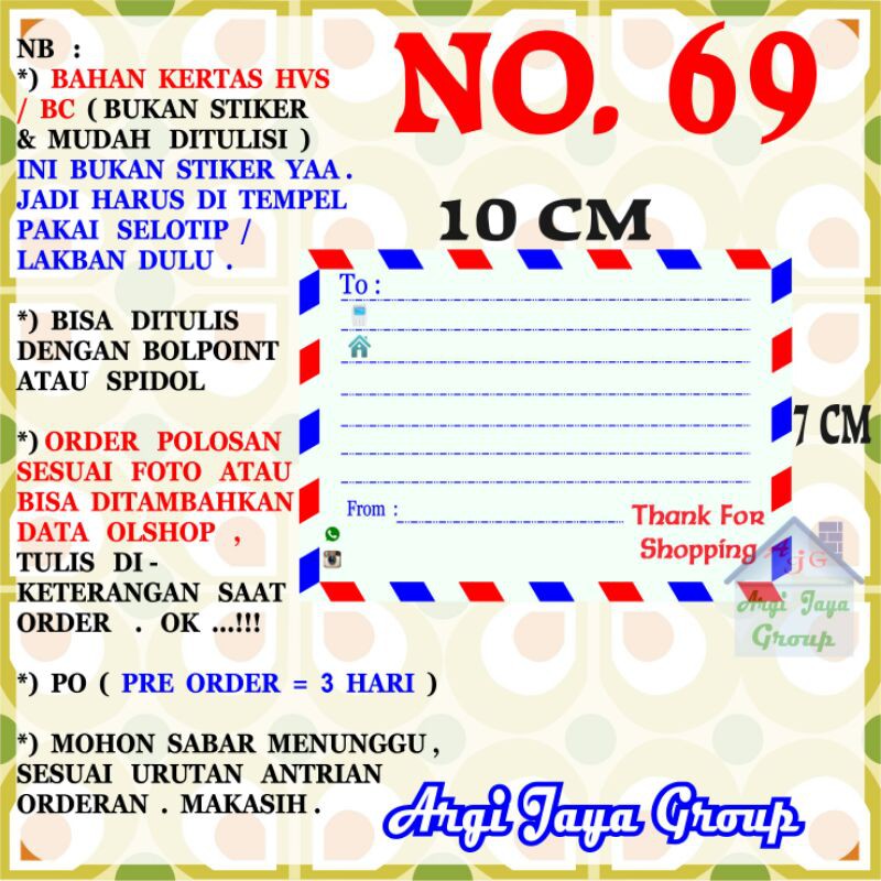

Label Pengiriman Alamat Olshop Murah Nomer 69 - 10x7cm - Kertas BC (Manila)