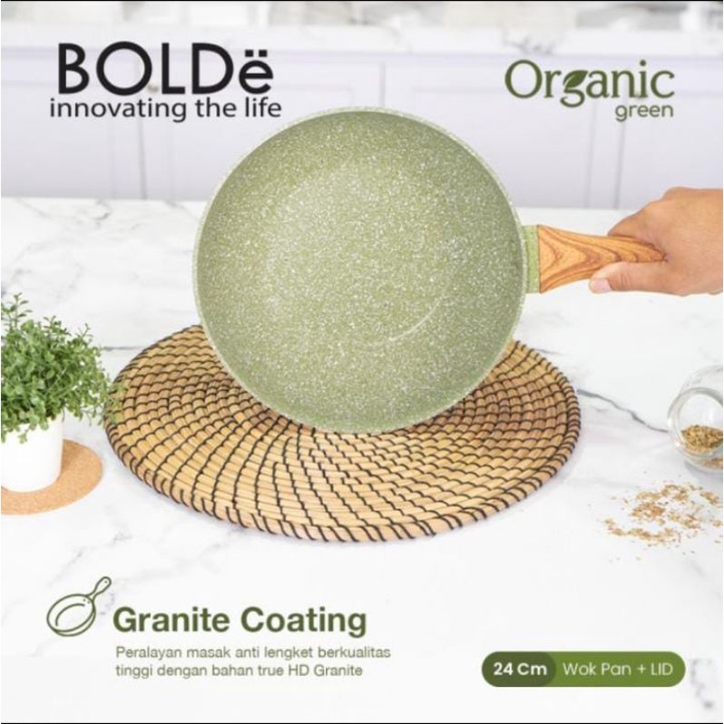 BOLDe Organic Green Wok Pan + Glass Lid 24cm