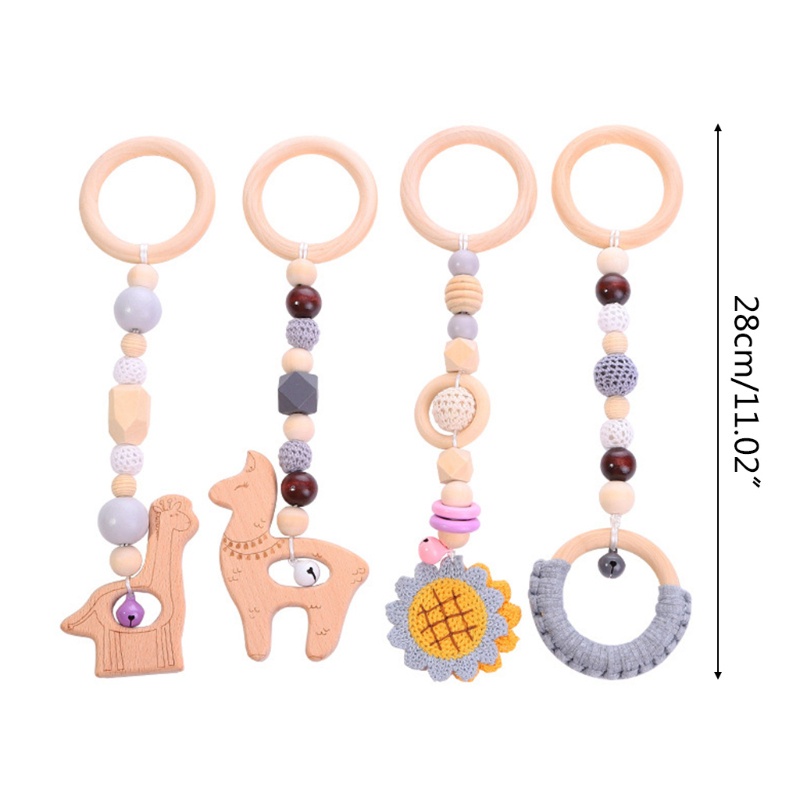 Mary 4pcs / Set Mainan Rattle / Teether Gantung Dengan Frame Kayu Untuk Stroller Bayi