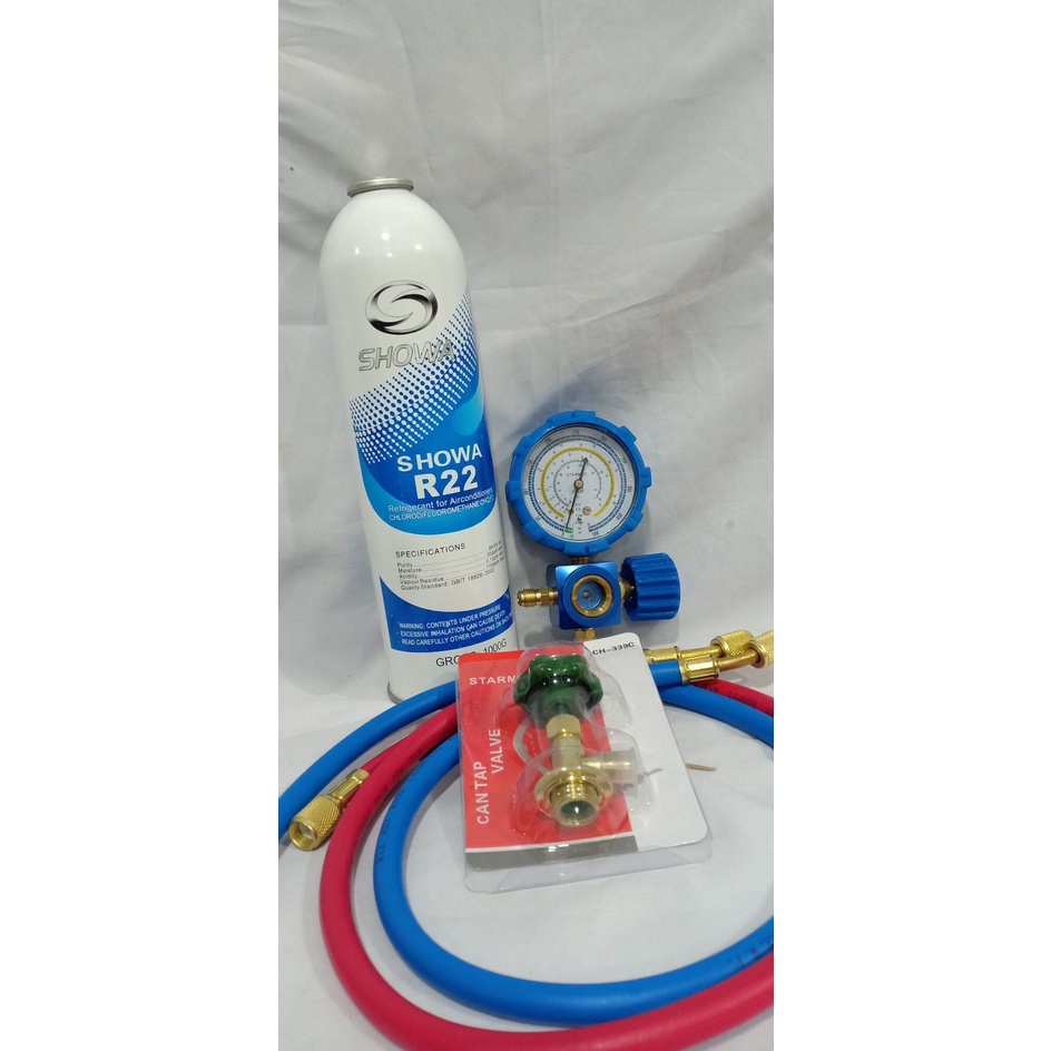 paket pengisian Pr3on r22-showa-r22-1kg-selang2-manifold-sighglass-can-tap339