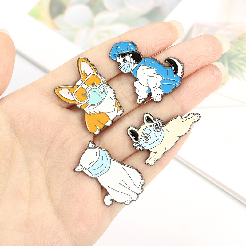 Bros Pin Enamel Bentuk Kartun Hewan Kucing Anjing Babi Corgi Husky French Bulldog Untuk Hadiah