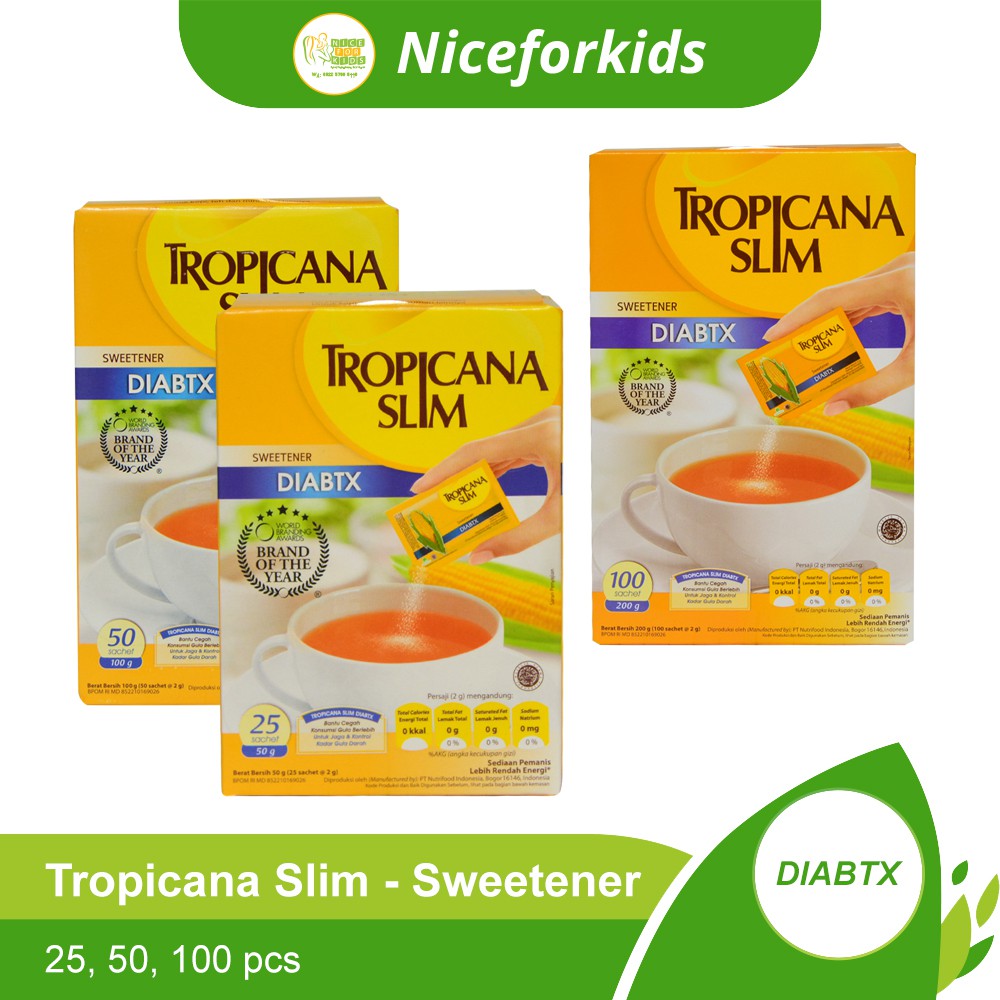 Tropicana Slim Sweetener Diabtx Kemasan Box isi 25pcs, 50pcs, 100pcs @ sachet 2.5 gr