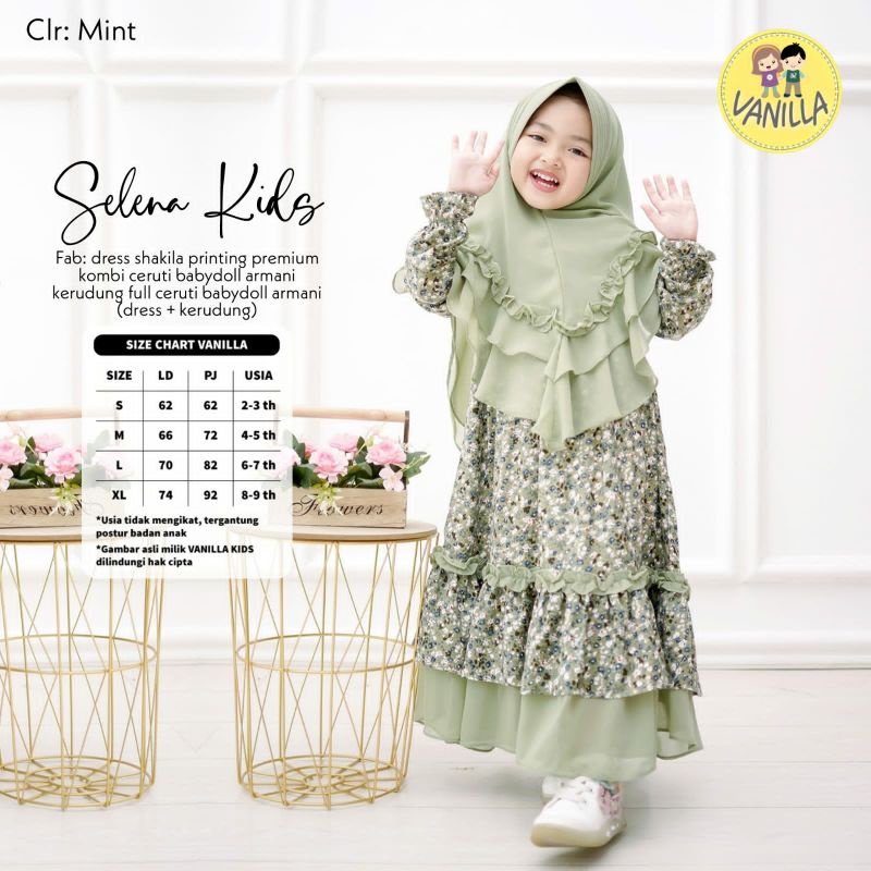 GAMIS ANAK LUCU GAMIS SELENA KIDS PLUS KHIMAR// BAHAN CERUTY BABYDOLL PREMIUM MIX SHAKILA PTINTING O