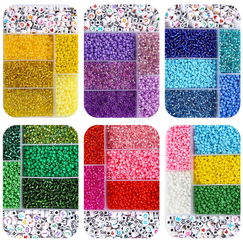 3500Pcs/box 3mm Glass Seed Beads Plastic Alphabet Letter Heart Beads with 5M Elastic Cord Mix Kits For Jewelry DIY Bracelet Make