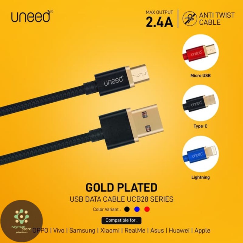 GOLD PLATED Kabel Data Type C Fast Charging Max 2.4A UNEED - UCB28C - BLACK